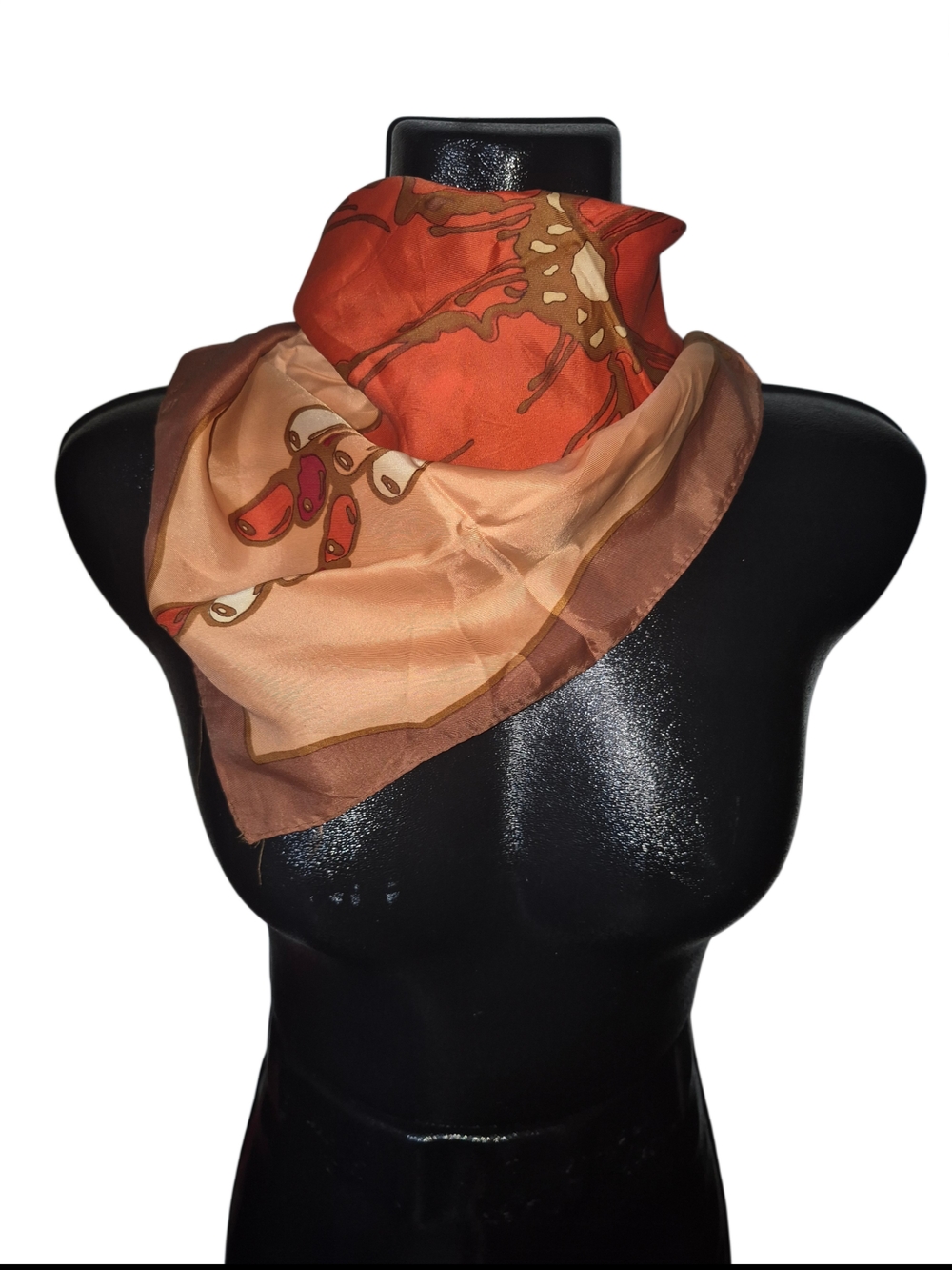 Vintage 60's Art Deco Retro Orange, Beige And Red Floral Hand Printed Scarf